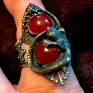 Vintage DRAGON  ring, ornate filagree carnelian stones.GOT vibe